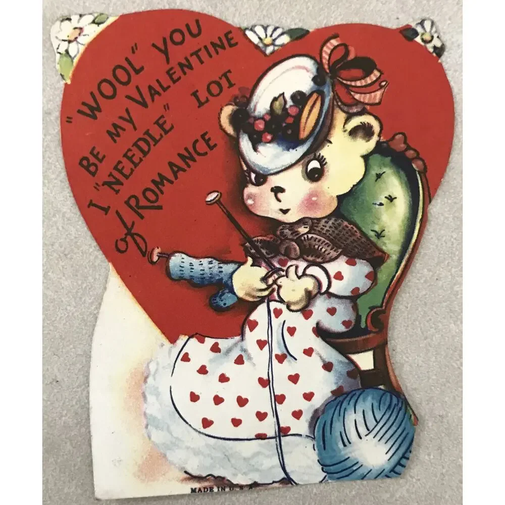 Vintage 30s Wool You Be My Valentine I Needle Lot Of Romance Knitting Card